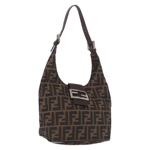 FENDI Pumpkin Canvas Mamma Baguette Shoulder Bag Brown Black Auth 191375