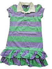 Ralph Lauren Girls Polo Dress White Collar Purple Green Stripe 100 Cotton Sz 6