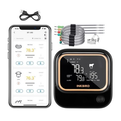 5GHz WiFi & Bluetooth 5.1 Meat Thermometer, Inkbird 26S, Black & Gold