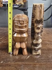 2 Hand Carved Wood Hawaiian Tiki Statues Handmade 8"  10"