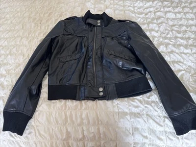 Miley Cyrus Max Azria Black Solid Faux Leather Bomber Jacket Outerwear XL - Image 1 of 4