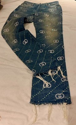 GUCCI Alessandro Michele Crystal GG Denim Jeans Blue Monogram Sz 30 Rare 760957