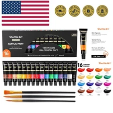 Acrylic Paint Set, 16 x12ml Tubes Artist Quality Non Toxic Rich Pigments Colo...