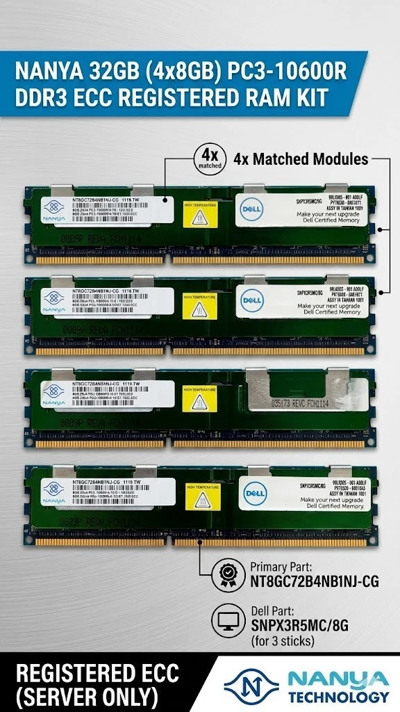 Nanya PC3-10600 (DDR3-1333) Bus Speed Computer RAM 4 Modules for