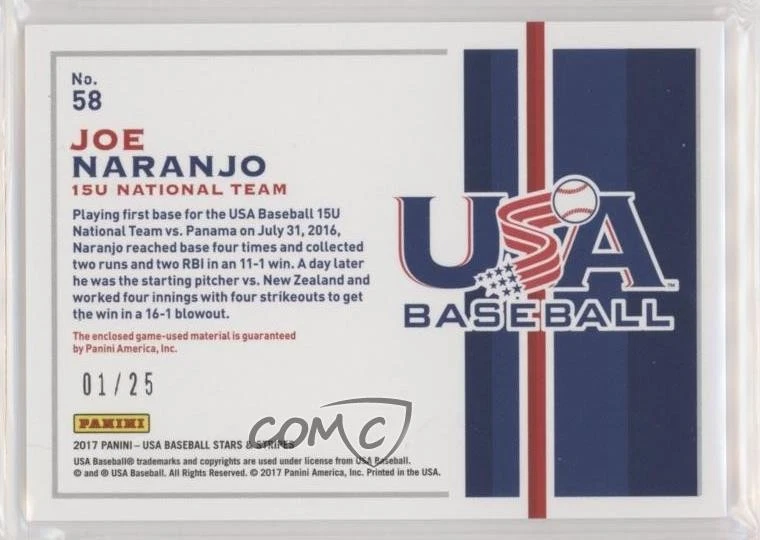 2017 USA Baseball Stars & Stripes Tools of the Trade Prime /25 Joe Naranjo #58 - Image 2 of 2