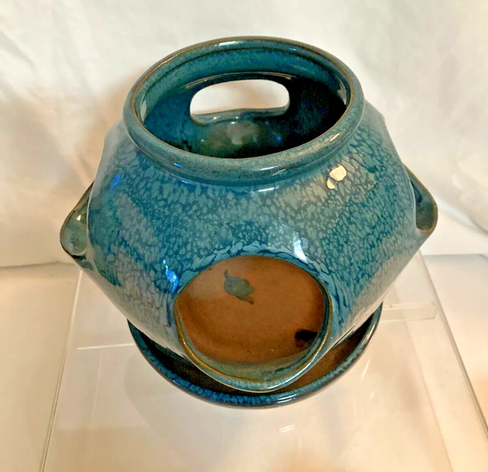 BLUEISH GREEN STONE WARE STRAWBERRY POT WITH 4 OPENINGS 7"H X 7"W X 6.5" BASE - Image 2 of 4
