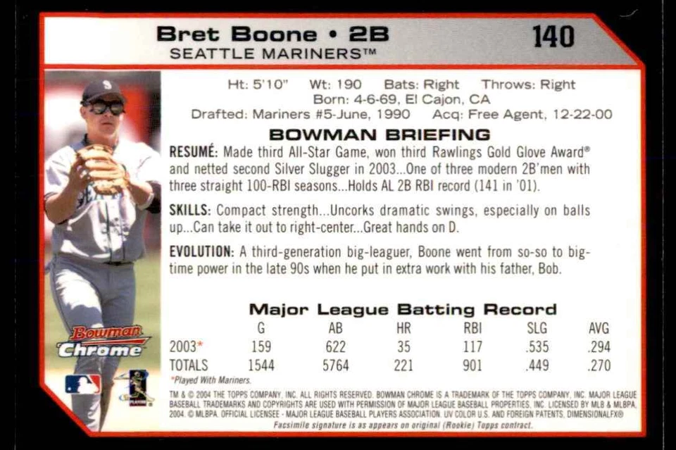 2004 Bowman Chrome Bret Boone Seattle Mariners #140 - Image 2 of 2