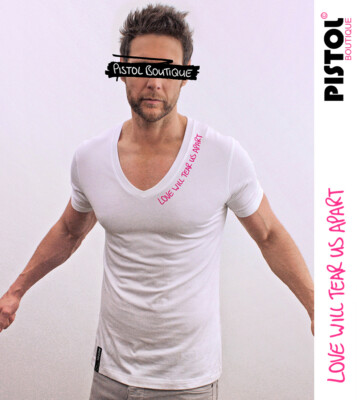Pistol Boutique Men's White Fitted Deep V neck LOVE WILL TEAR US APART T-shirt