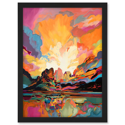 Atmosphärischer Sonnenuntergang Wolken lebendige Farben Seenlandschaft gerahmtes Kunstbild Druck A3