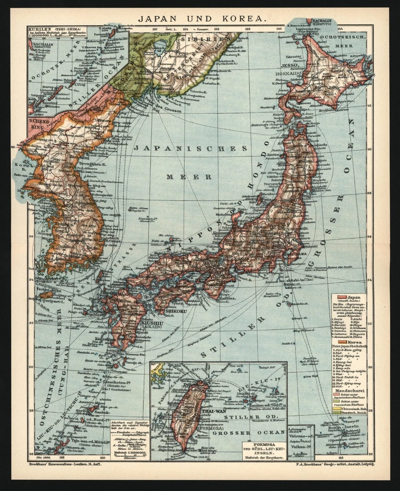 Landkarte anno 1908 - Japan - Hokkaido Honshu Shikoku Kyushu Taiwan Korea Meiji - Bild 1 von 2