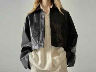 Women's Vintage 90s Black and Brown Crop Leather Jacket Oversized