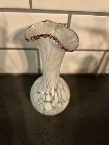 Hand Blown Art Glass Vase White Splatter Purple Ruffle Rim Top opalescence 7”