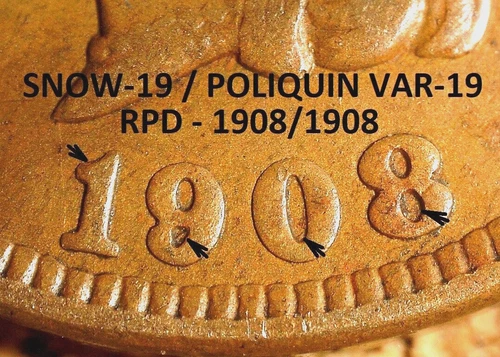 1908 Indian Head Cent - AU SNOW-19, REPUNCHED DATE (M418)