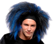 WILD PUNK ROCK STAR WIG Blue Black Crazy Big Hair Adult Costume Funny Clown Goth