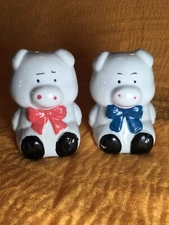 Salt & Pepper Shakers 2 Little Pigs with Pink & Blue Bow Glazed Ceramic