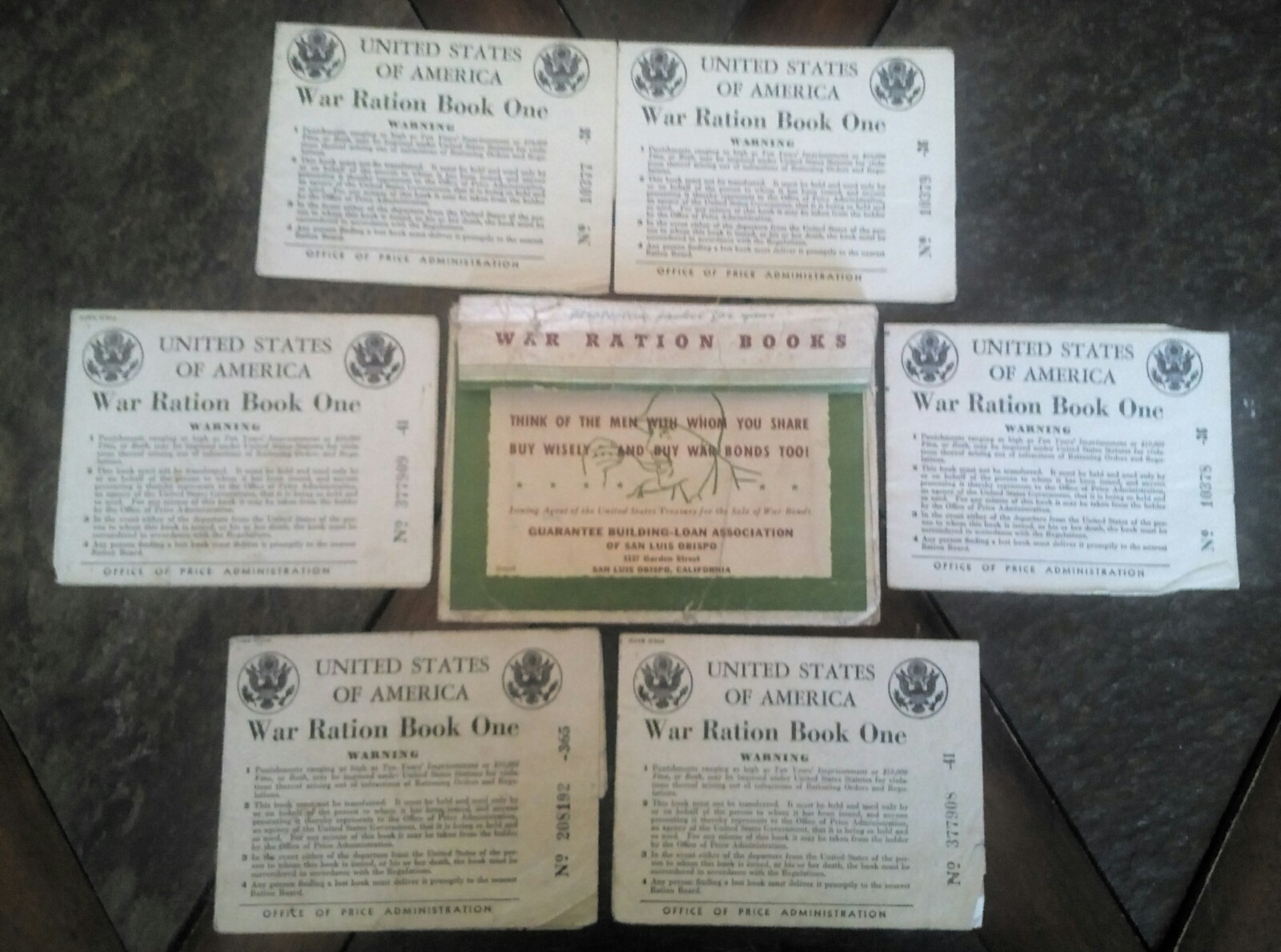 6 War Ration Books 1942, 5 WITH SOME STAMPS WWII & 