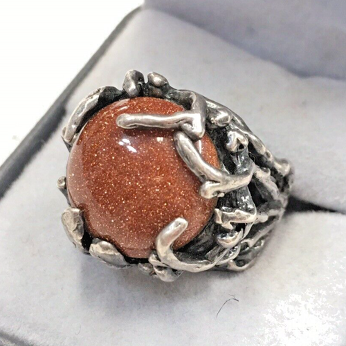 Anello cabochon vintage pietra oro misura 8 peltro fascia tono argento gioielli Halloween - Foto 6 di 21