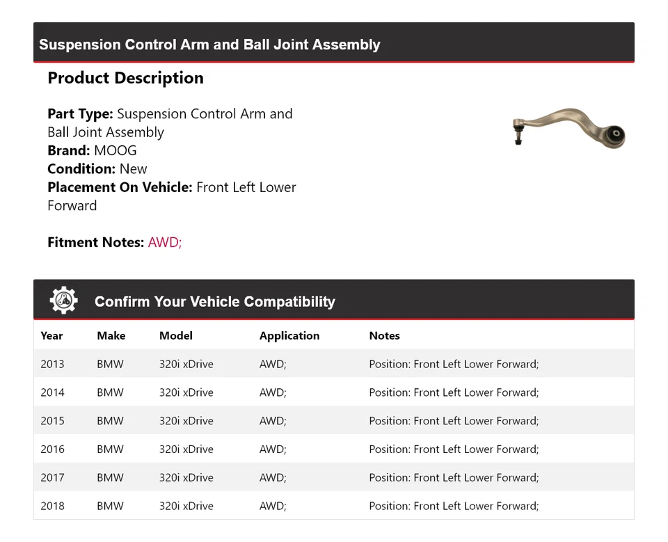 Brazo de control delantero izquierdo inferior delantero MOOG 2013-2018 BMW 320i xDrive AWD Foto 2 de 4
