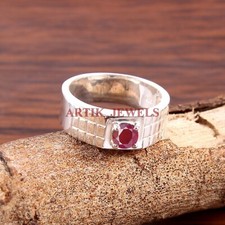 Anello In Argento Sterling 925 Con Gemma Di Rubino Riscaldata Per Uomo #5302