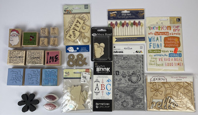 Scrapbooking Lot Of 25+ Pieces Stamps Fluid Chalk Wood Die Cuts Pins Rub Ons Etc