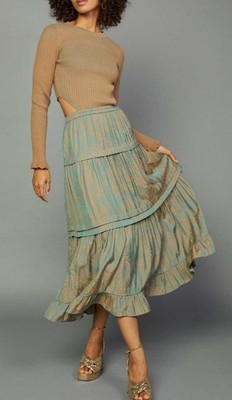 Anthropologie CURRENT AIR Sabrina Sand Seafoam Mixed Media Cutout Knit Midi S