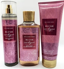 S/3 Bath & Body Works BLUSH CARDIGAN Fragrance Mist Shower Gel Wash & Cream SET