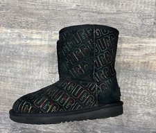 UGG Classic II Graphic Stitch Boots Size 1 Black/rainbow Logo Stitching