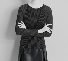 DKNY Women's Black/Silver Crewneck Rib-Knit Long-Sleeve Shimmer Sweater Size M