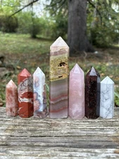Bulk Crystal Towers Lot- Rose Quartz, Onyx, Sunstone, Red Jasper, Howlite & More