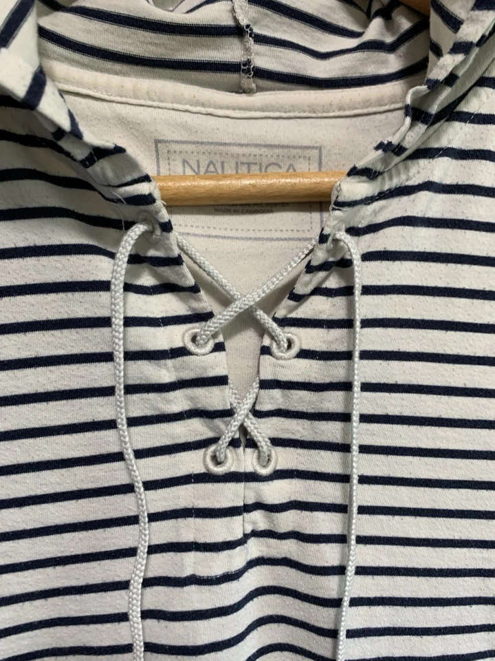 Vestido NAUTICA XL Manga Larga Cuello en V Azul Marino y Beige Rayas Playa Cubierta Capucha Foto 4 de 4