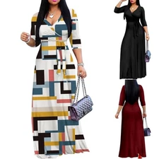 Womens Plus Size Long Maxi Wrap Dresses Summer Sundress V-Neck 3/4 Sleeve Dress
