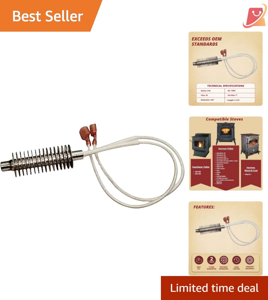 Heating Cartridge Igniter Element for Pellet Stove 120V High