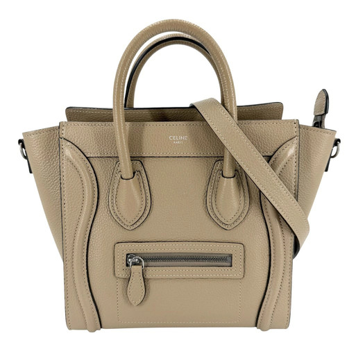 Celine Nano 2Way Leather Luggage Bag Crossbody Shoulder Brown Silver Hardware