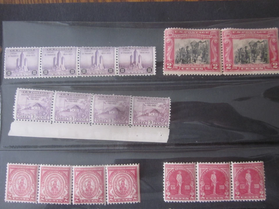 1 page of 39 1920-30s curled US stamp multiples: strips blocks selvage MNH - Image 4 of 4