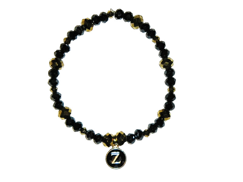 INITIAL "Z" CHARM (BLACK) BEADED BRACELET (8 1/4"):  HAND-MADE JEWELRY BY T.L.C.