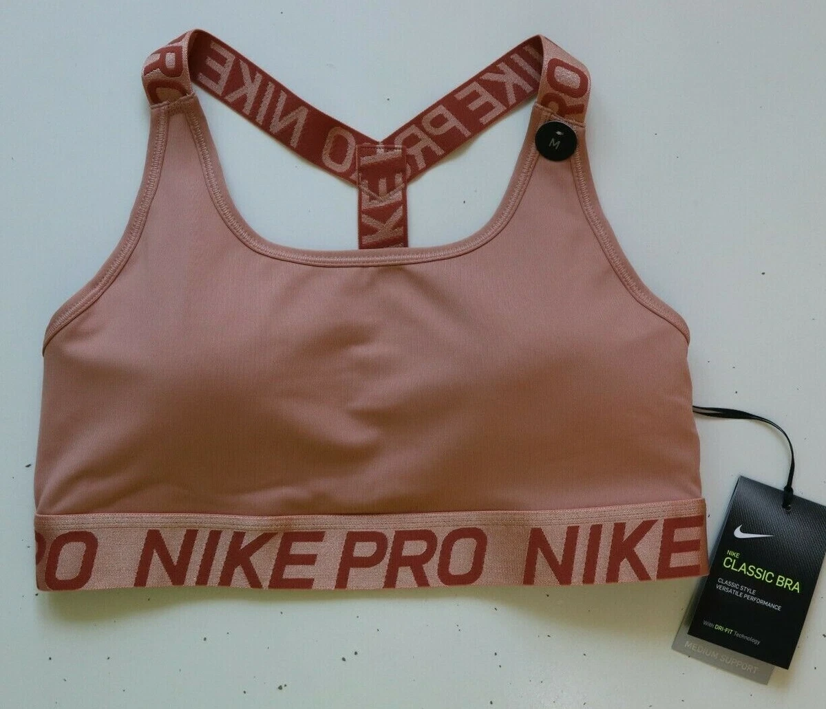 NIKE PRO CLASSIC MEDIUM SUPPORT T-BACK TRAINING BRA ROSE GOLD CN5265-605 M  L