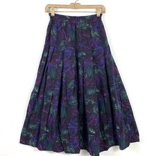 Vintage Small Skirt High Waisted Midi A Line All Over Leaf Print Purple Blue