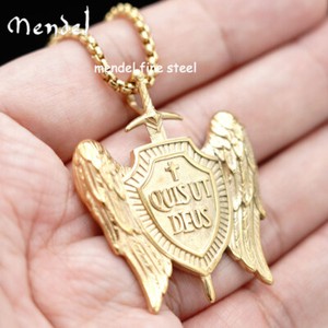 Authentic MENDEL Gold Plated Mens Cross Archangel Michael Angel Wings Pendant Necklace Men