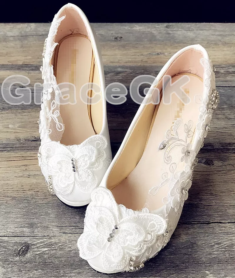 Lace white ivory crystal Wedding shoes Bridal flats low high heel