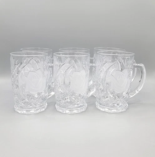 Vintage Mikasa Rose Pearl Glass Etched Coffee Mugs Set of 6