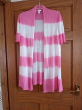 Linen Mix Long Cardigan/jacket Pink White Striped Short Sleeve Chico's Usa 16/18