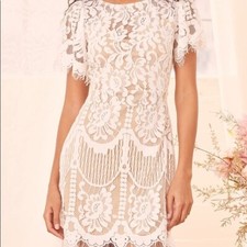 Lulus Pearson White Lace Short Sleeve Dress Nude Lining XS Wedding Rehearsal NWT
