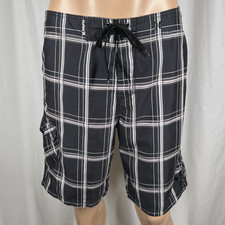 Hurley Men's 32W Dark Gray/Black Plaid Drawstring Surf Swim Board Shorts