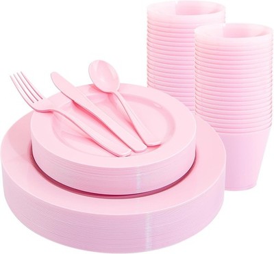 150 Pieces Pink Plastic Plates Disposable - Pink Dinnerware Set Include 25 Di...