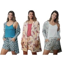 Ladies 3 Piece Pyjama Set Summer Shorts Vest Dressing Gown