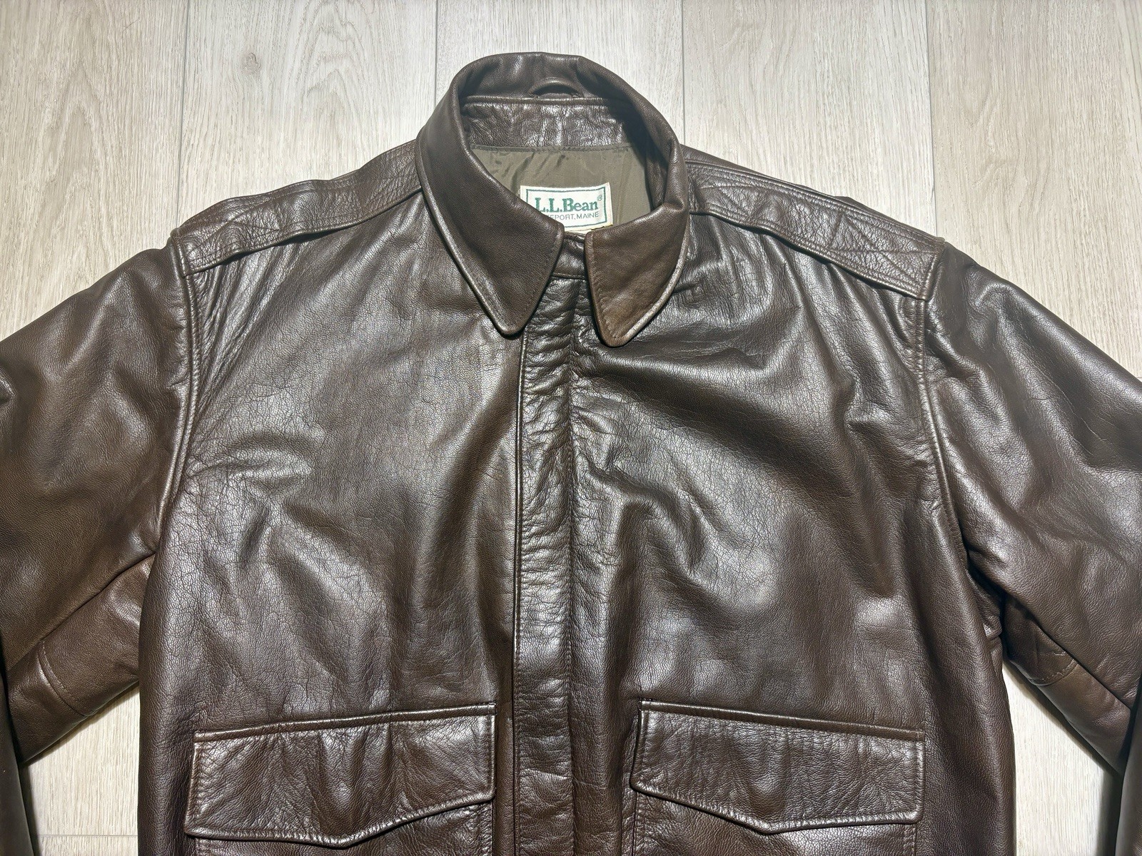 VTG 90s LL Bean Leather Flight Jacket Brown A2 Bomber Talon Zip Thinsulate Large image 9