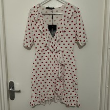 White & Red Frilly Frill Wrap Dress Love Heart Print Pretty Little Thing Size 6