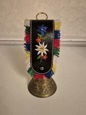 Vintage Brass Swiss Cow Bell Leather Embroidered Strap. Good Used Condition