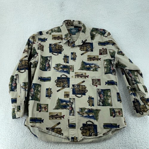 Vtg Woolrich Shirt Mens Large Multi Fly Fishing All Over Print L/S Button Up