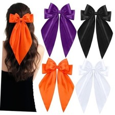 4 Pcs Halloween Hair Bows for Women Girls, Large Satin Orange Orange, Purple